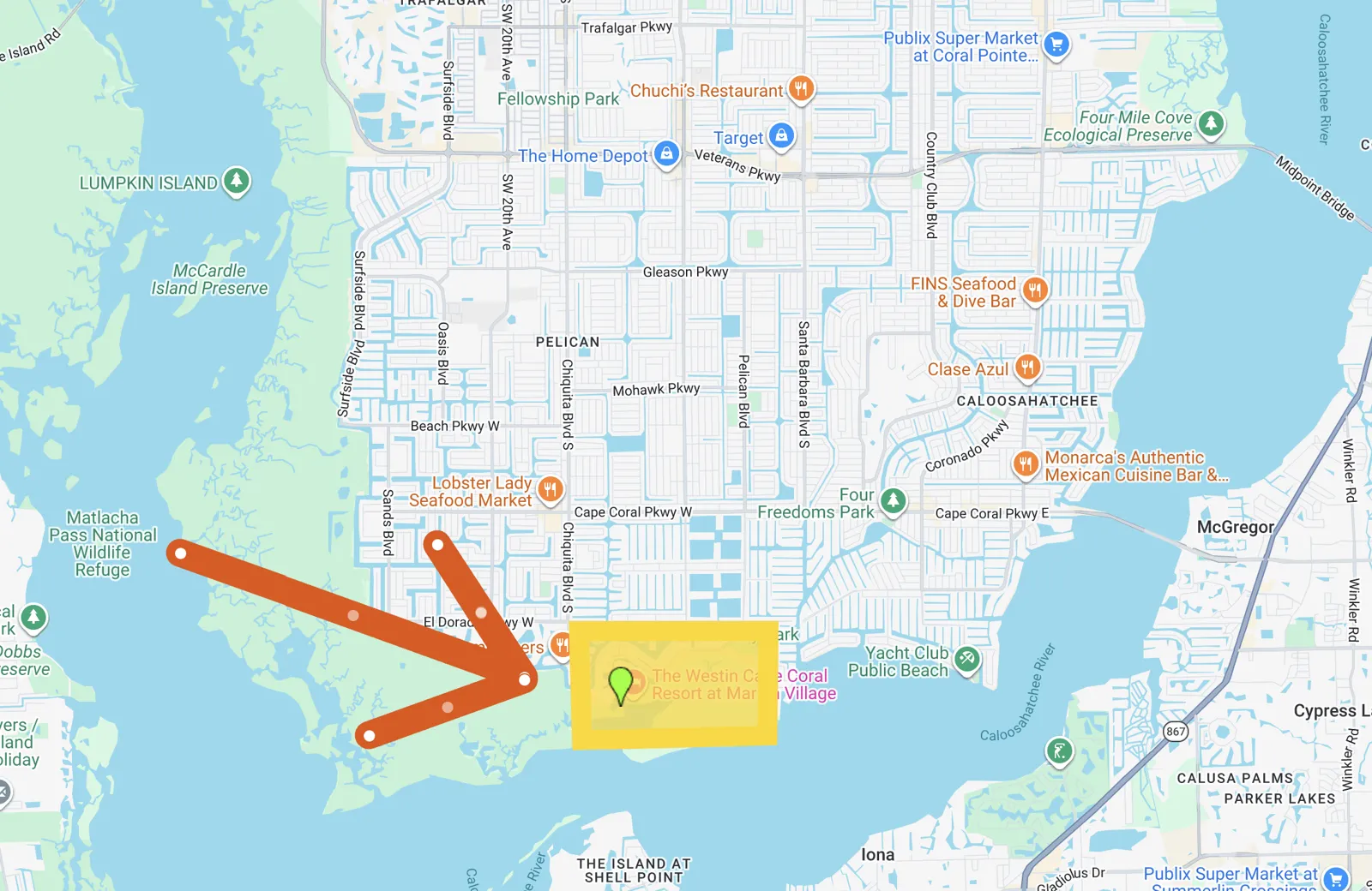 Map showing the location of Tarpon Point in Cape Coral Florida
