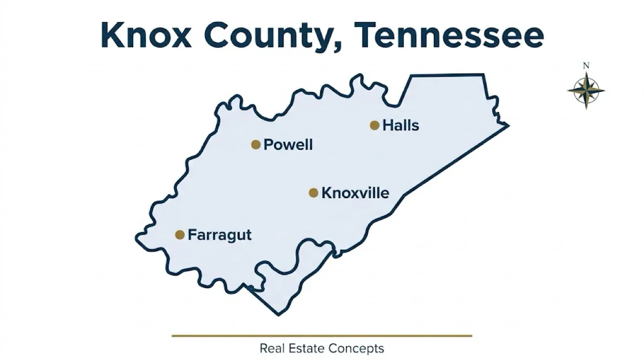 Map of Knox County, Tennessee showing Knoxville, Farragut, Powell and Halls