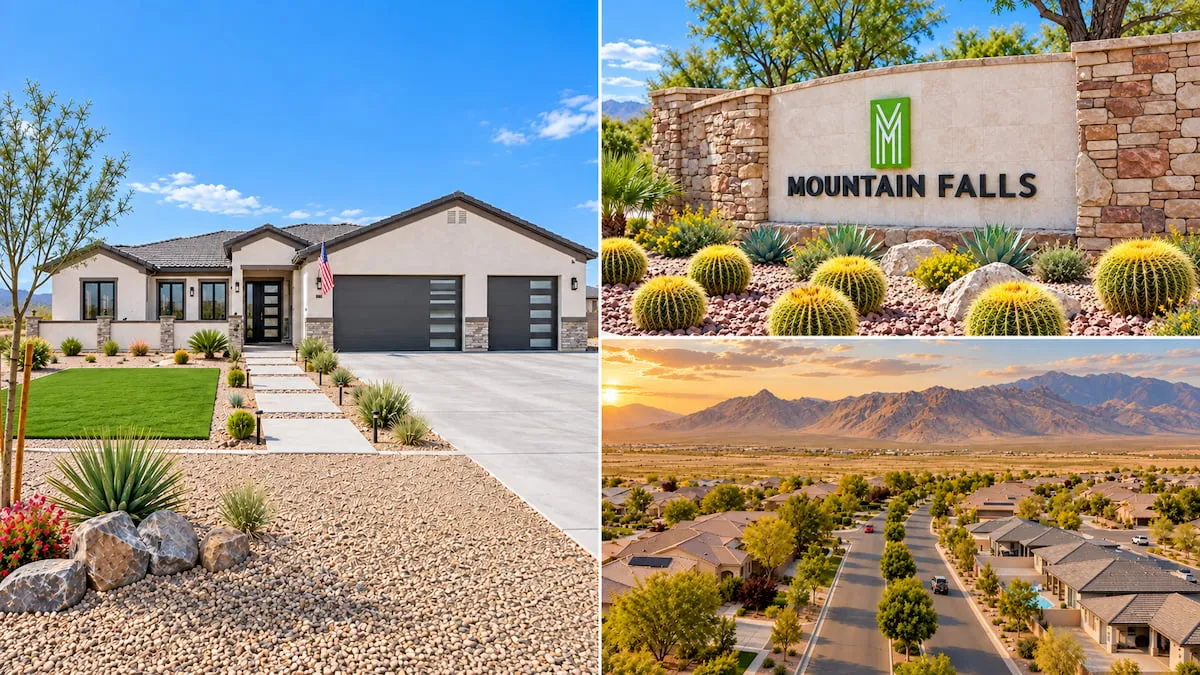 Three-panel view highlighting Artesia at Hafen Ranch, Mountain Falls, and Calvada Valley as examples of higher-end living options in Pahrump, Nevada.