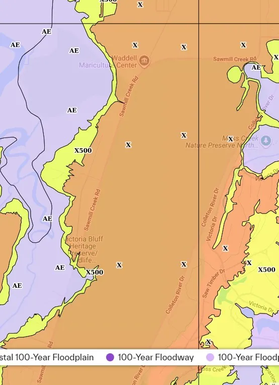 FEMA flood zone map of the Sawmill Creek Road area in Bluffton SC showing Zone X along the road with Zone X500 and Zone AE near the marsh, as of October 22, 2026