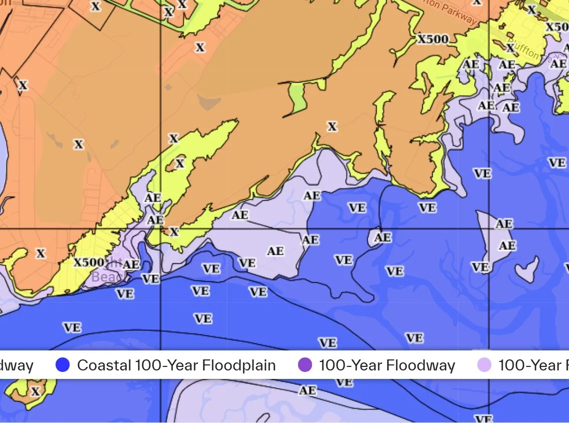 FEMA flood zone map of the Alljoy Road, Foreman Hill Road, Ulmer Road and Pine Island area of Bluffton SC showing Zone X uplands and Zone AE and VE along the May River, as of October 30, 2026