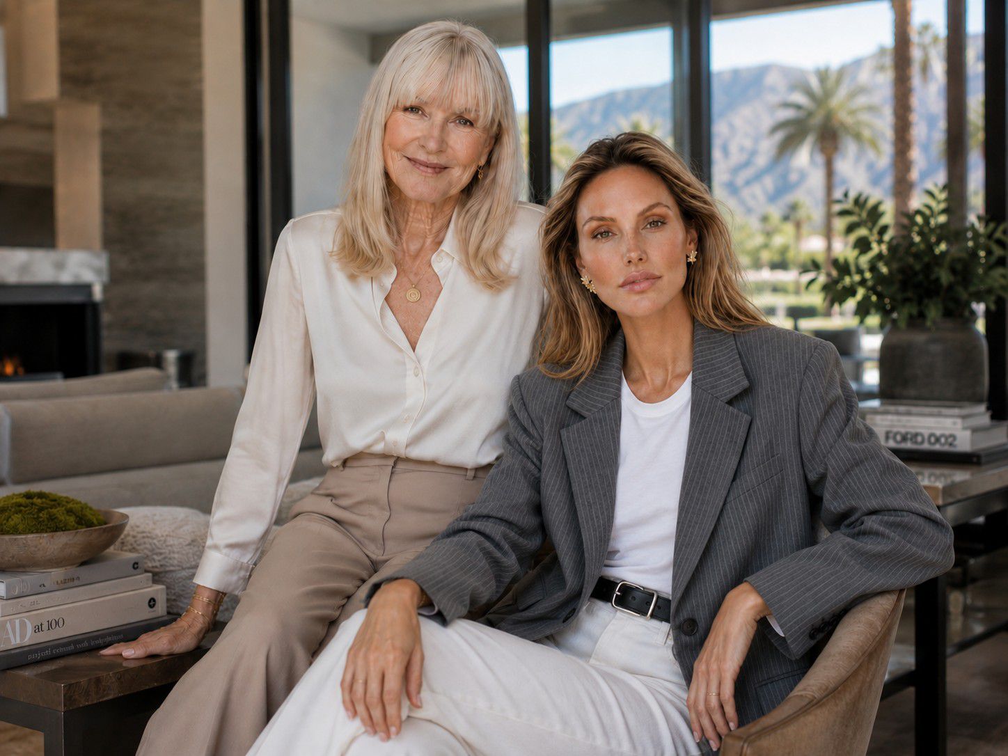 Laurie McLennan and Cailin McLennan of The McLennan Team at Desert Sotheby's International Realty, photographed in a La Quinta residence with the Santa Rosa mountains behind them