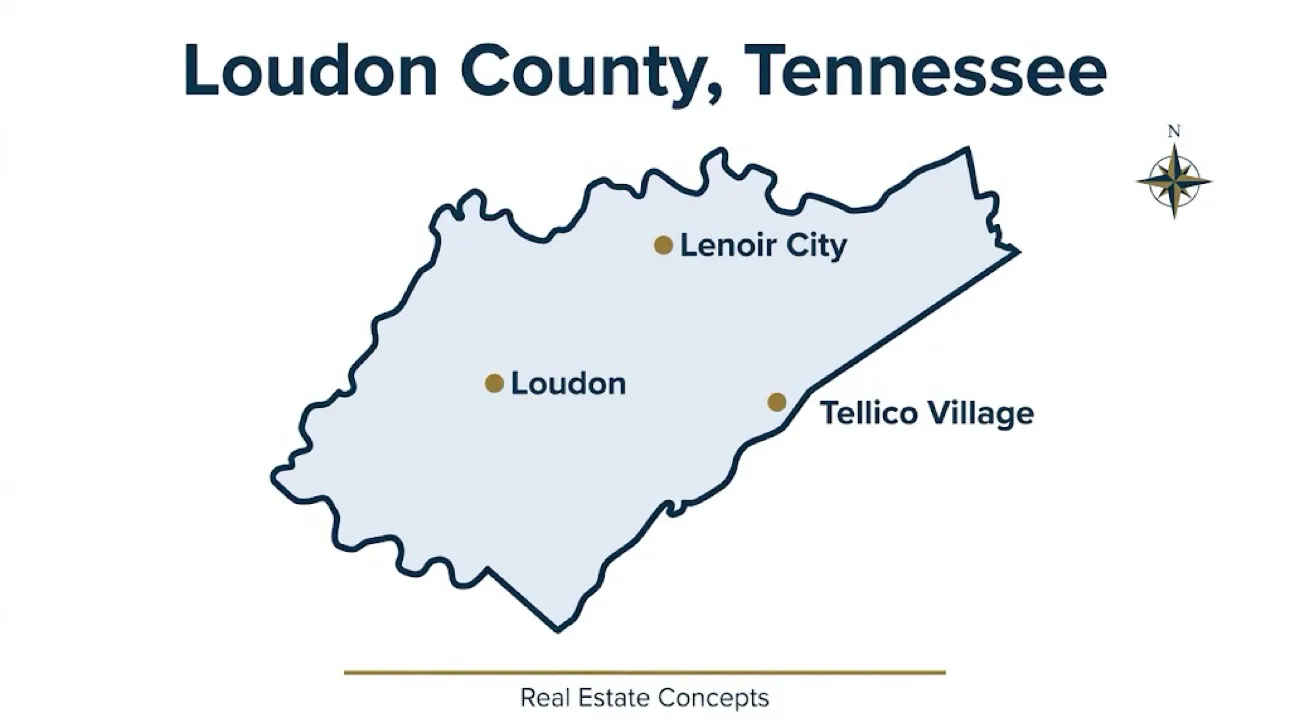 Map of Loudon County, Tennessee showing Lenoir City, Loudon and Tellico Village