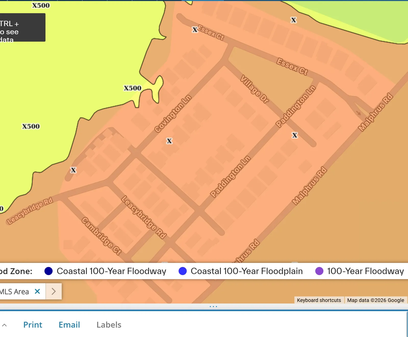 FEMA flood zone map of Village at Olde Town in Bluffton SC showing homes in Zone X and the adjoining wetland in Zone X500
