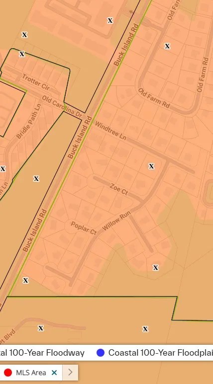 FEMA flood map of Windtree in Bluffton SC off Buck Island Road showing Zone X as of October 14, 2026