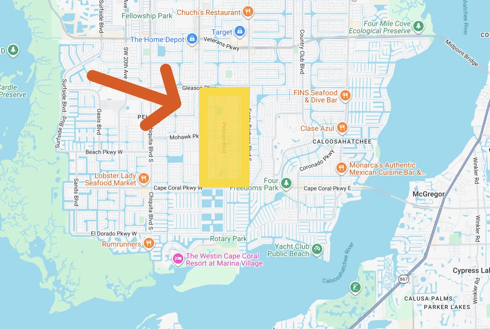 Map of the Pelican neighborhood in Cape Coral Florida