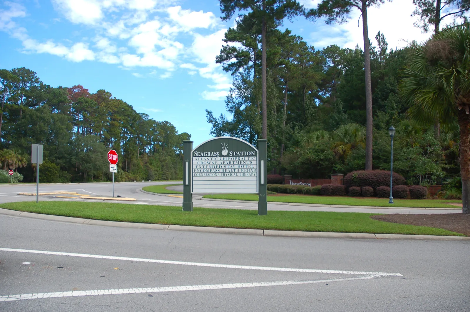 Seagrass Station community and commercial entrance sign on Okatie Highway in Bluffton SC