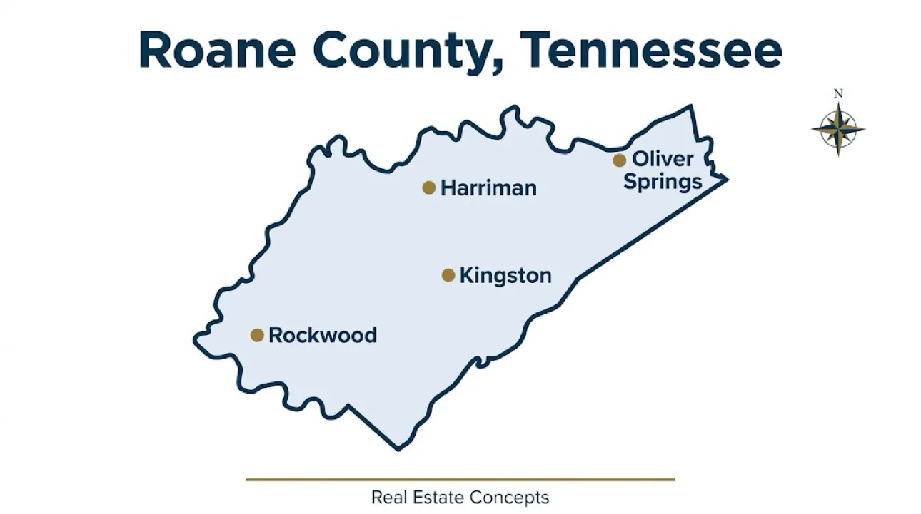 Map of Roane County, Tennessee showing Kingston, Harriman, Oliver Springs and Rockwood