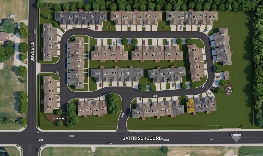 A realistic 3D aerial rendering of the Gattis Townhomes community in Round Rock, Texas. The development is situated at the corner of Gattis School Road and Joyce Lane, with both streets clearly labeled. The community features multiple rows of modern townhomes identified by numbered units (100&ndash;1500 series), arranged along a looping private roadway with driveways, sidewalks, landscaped lawns, and mature trees. Community amenities include a fenced dog park in the southwest corner and a BBQ/picnic area near the southeast entrance. Visitor parking is provided throughout the neighborhood, and the community is bordered by green space and wooded areas, highlighting its low-maintenance, thoughtfully planned layout.