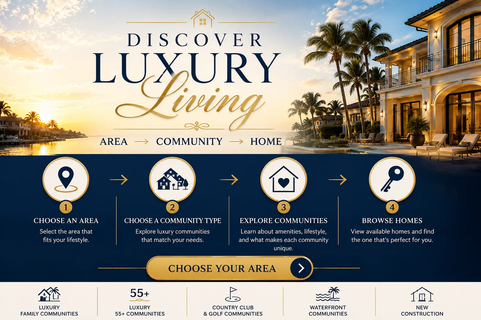 Discover luxury living by choosing an area, community type, individual community, and available homes