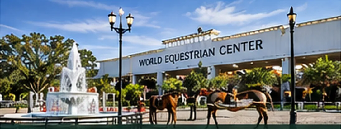 Illustrative equestrian venue and horse riders