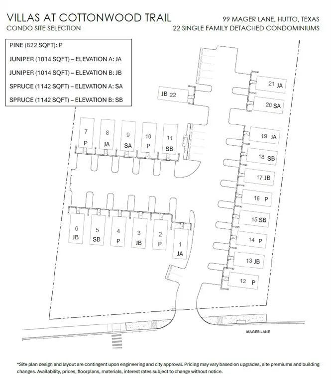 Site plan for Villas at Cottonwood Trail in Hutto, TX showing detached home layout, driveways, and lot placement.