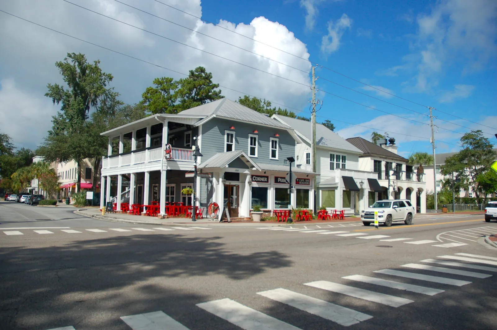A coffee shop and other walkable businesses in Old Town Bluffton, SC