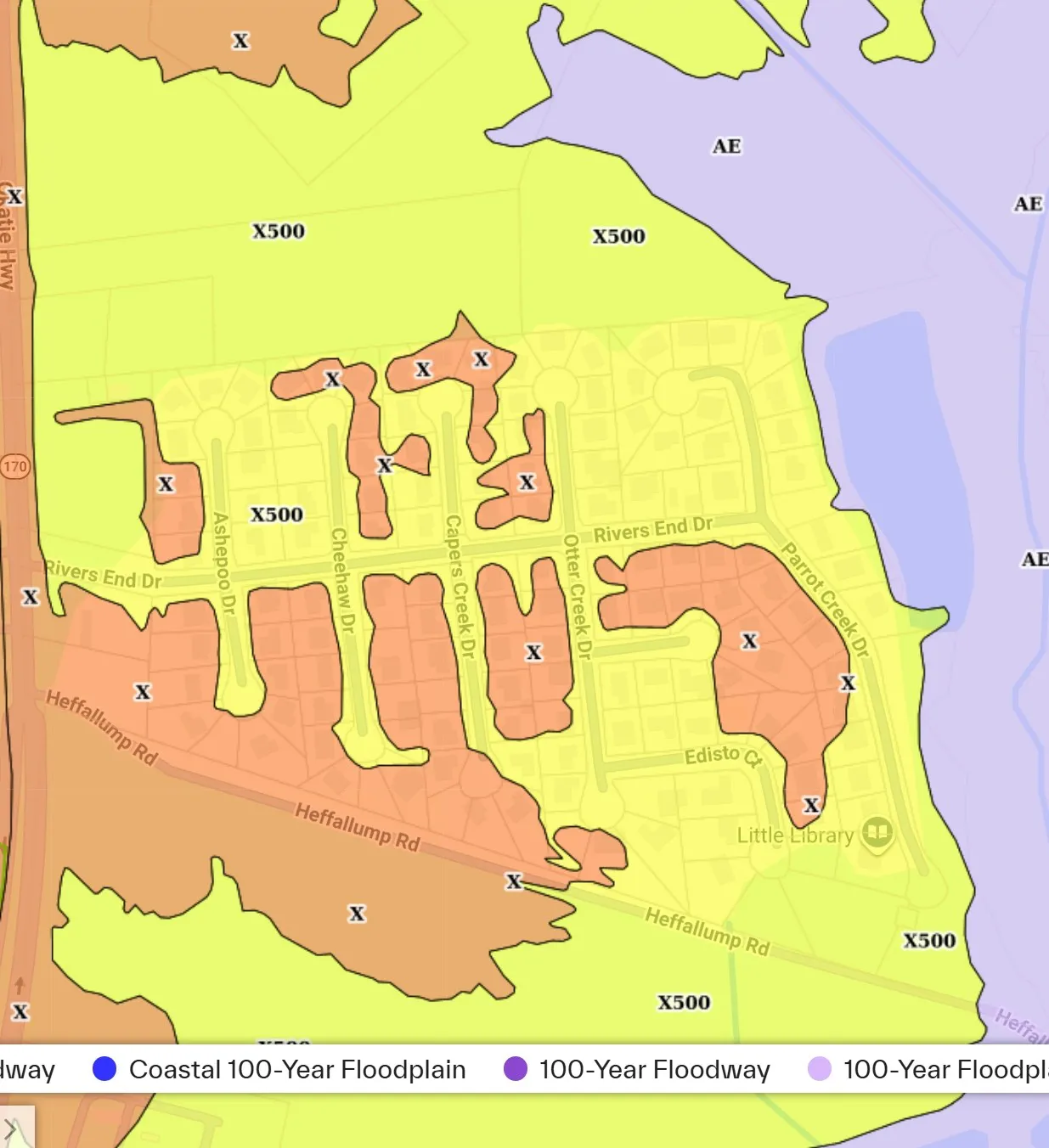 FEMA flood map of Rivers End in Okatie SC showing Zone X and Zone X500 throughout the neighborhood, with Zone AE to the east