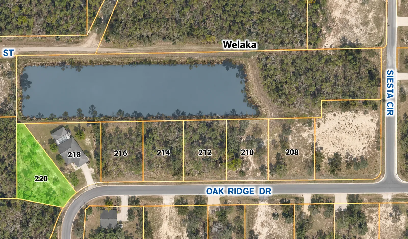 Aerial location illustration highlighting 220 Oak Ridge Drive in green