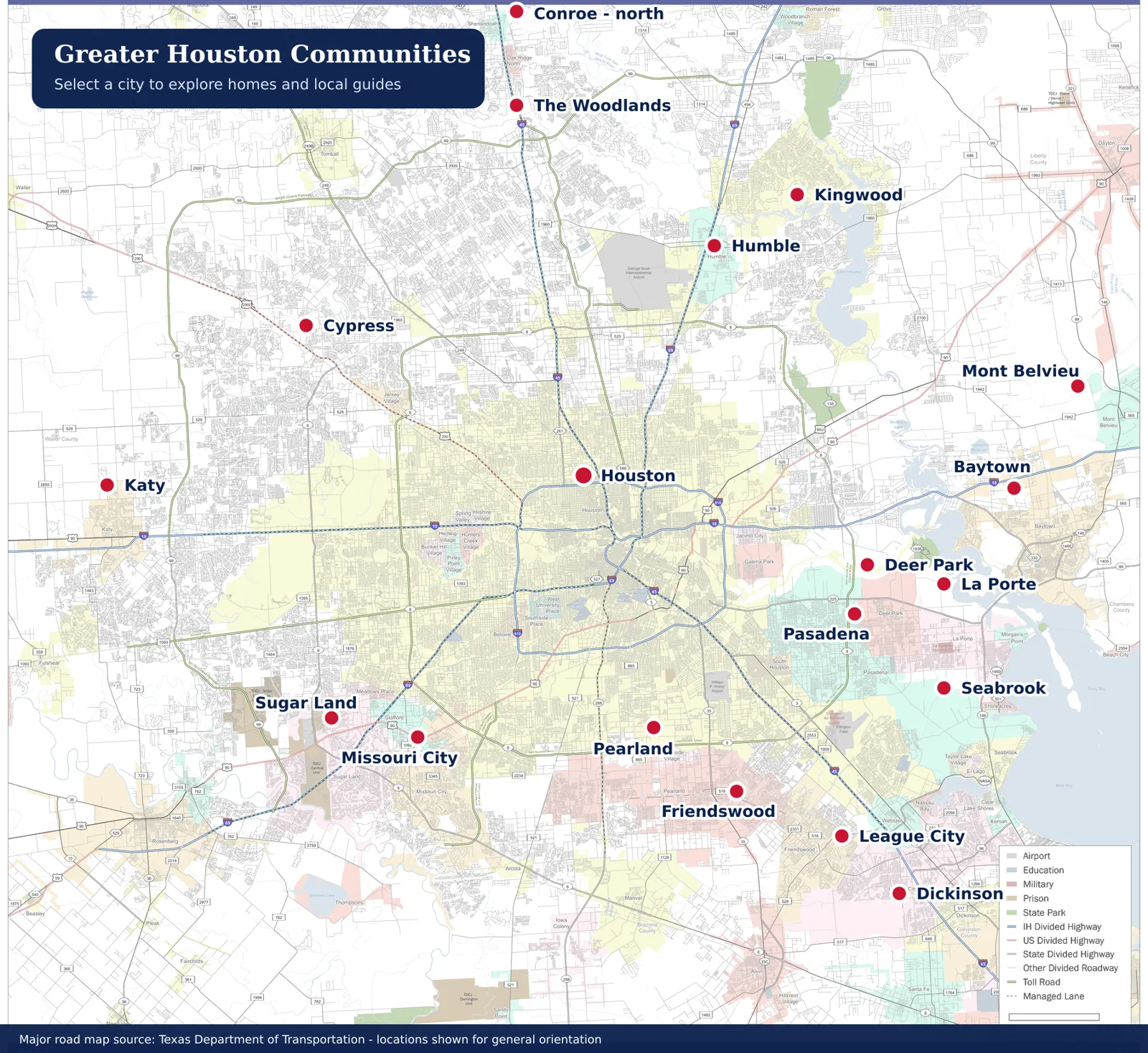 Greater Houston community map with city locations