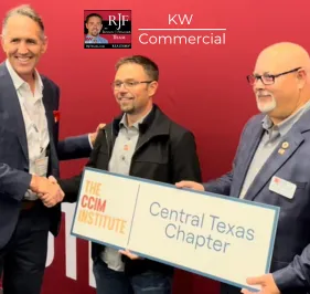 Robert Fischer CCIM Passed his CCIM certification exam and was initiated into the Texas Chapter. Robert Fischer is shaking hands with CCIM members and the RJF commercial logo it at the top center.