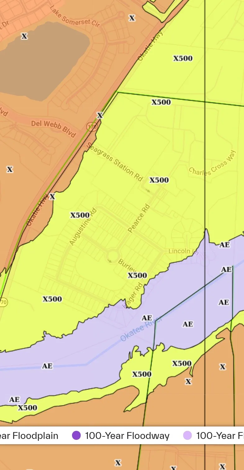 FEMA flood zone map of Seagrass Station in Bluffton SC showing Zone X500 with Zone AE along the Okatee River, as of 9-29-26