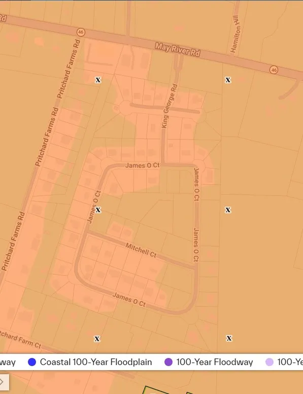 FEMA flood map of Verdier View in Bluffton SC showing Zone X along James O Court, Mitchell Court and King George Road off May River Road