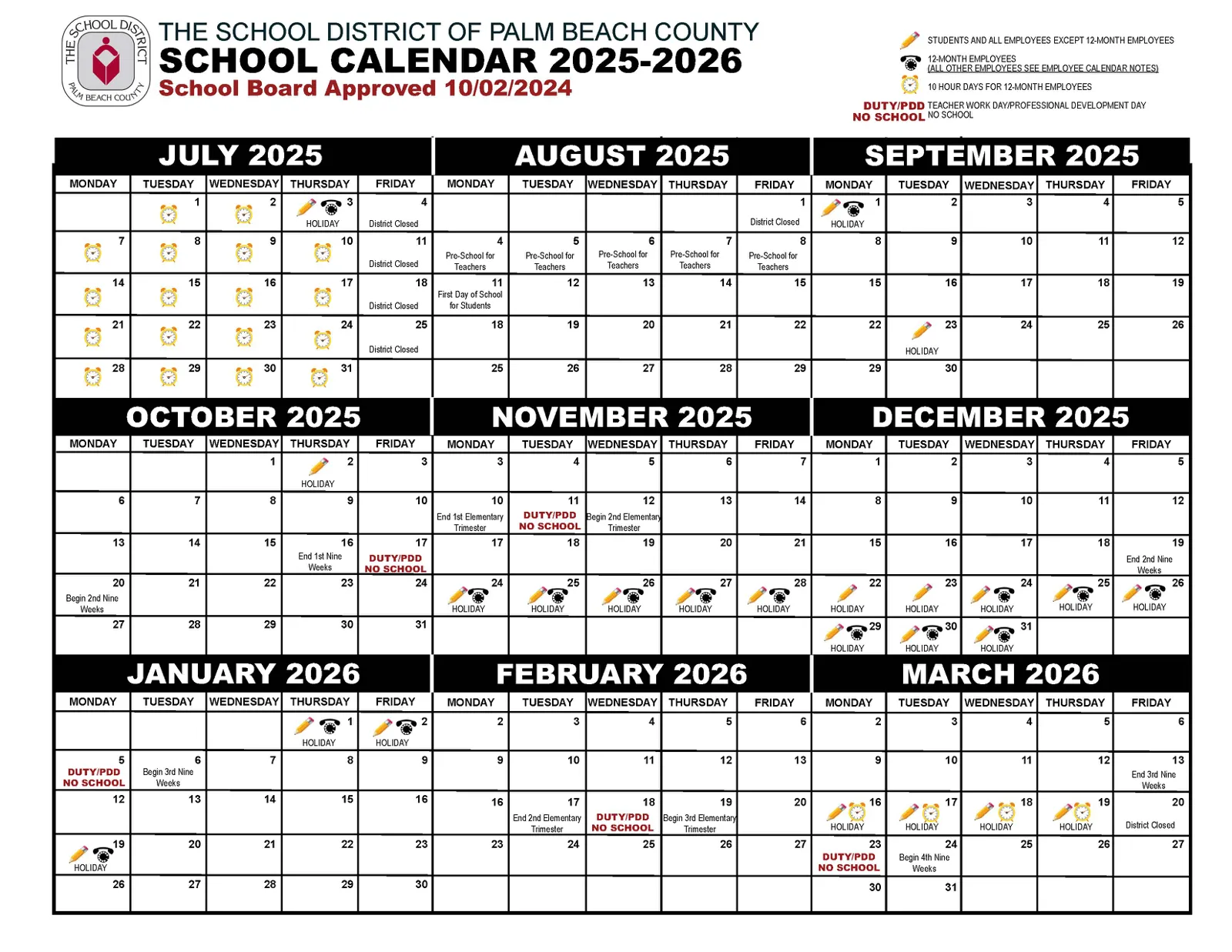 2025-2026 Palm Beach County School District Calendar 1st Half