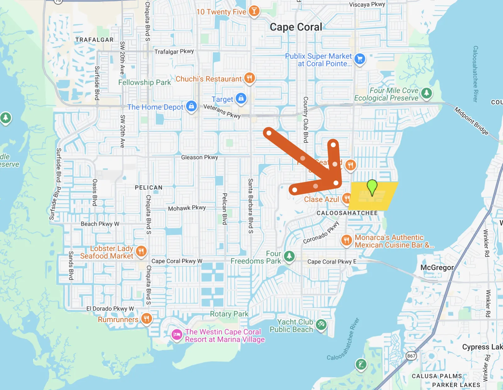 Map of the Savona neighborhood in Cape Coral Florida showing the Savona area and surrounding waterways