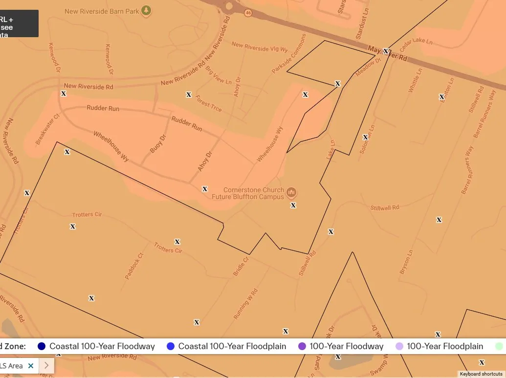 FEMA flood map of Midway Farms off May River Road in Bluffton SC showing Flood Zone X as of October 15, 2026