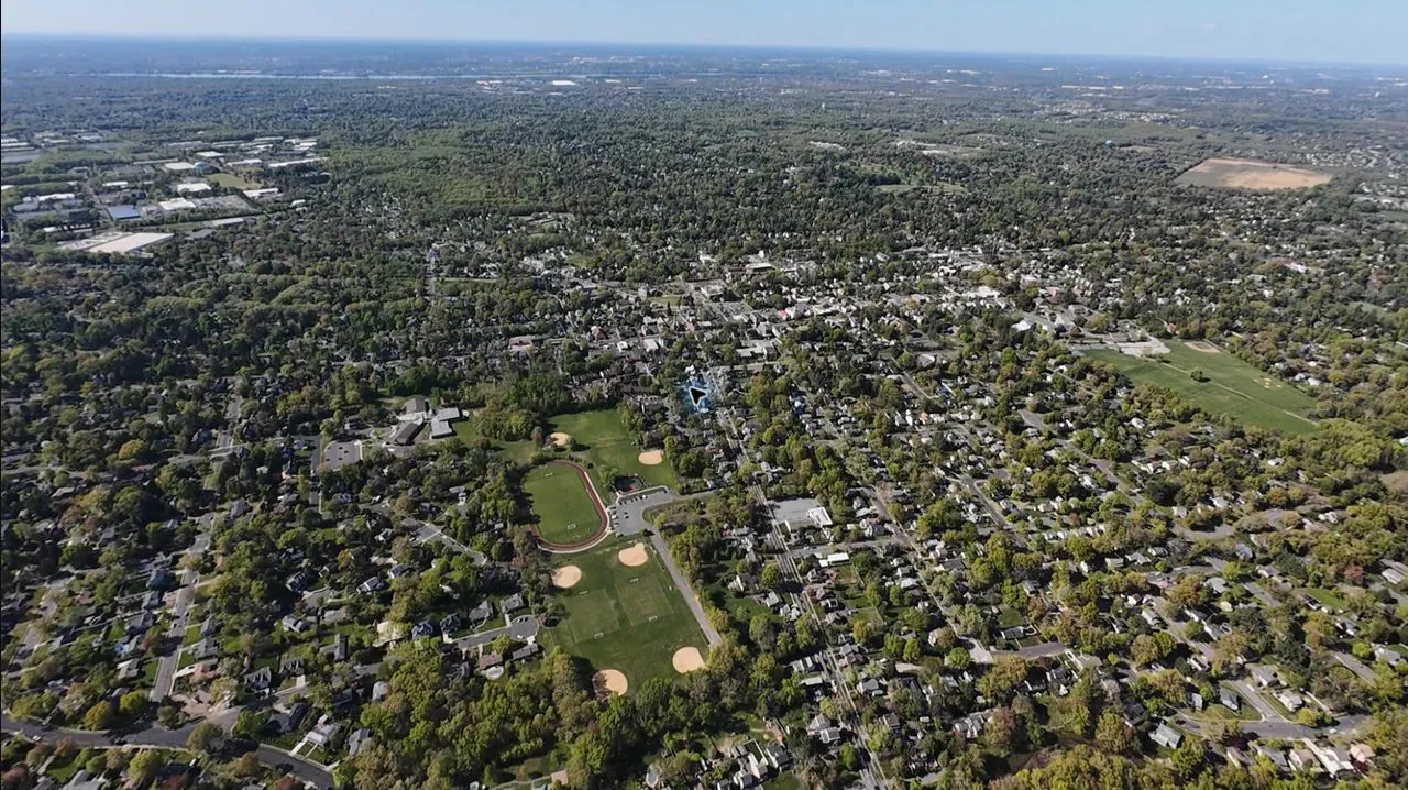 Aerial view of Main Street and surrounding Moorestown neighborhoods