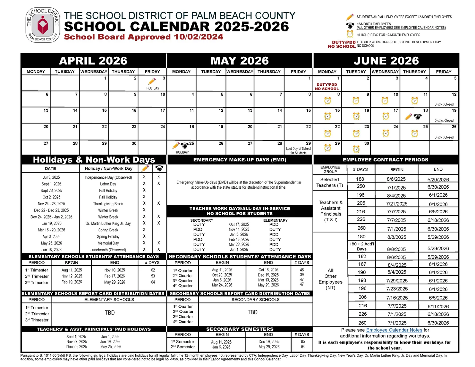 2025-2026 Palm Beach County School District Calendar 2nd Half