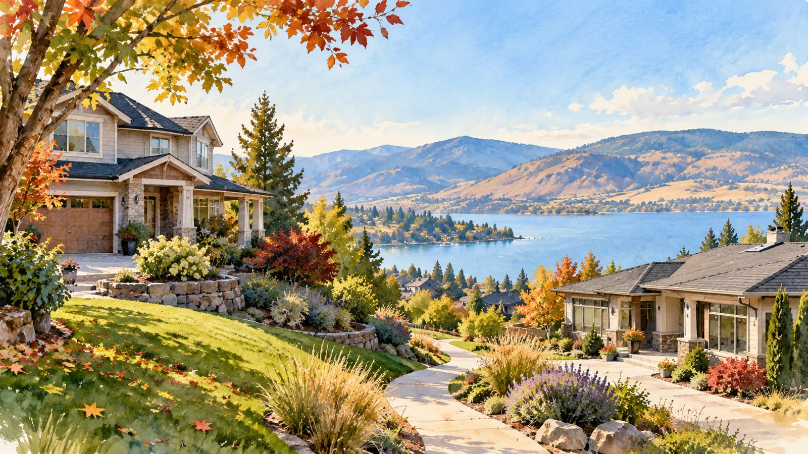 Illustrated Okanagan homes with autumn gardens, single-level living and a lake view