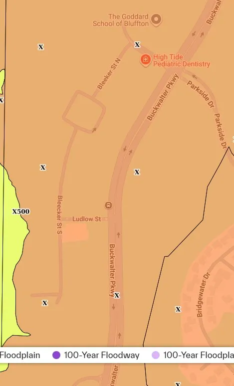 FEMA flood map of Washington Square in Bluffton SC showing Zone X around Bleecker Street and a Zone X500 area to the west, as of October 20, 2026