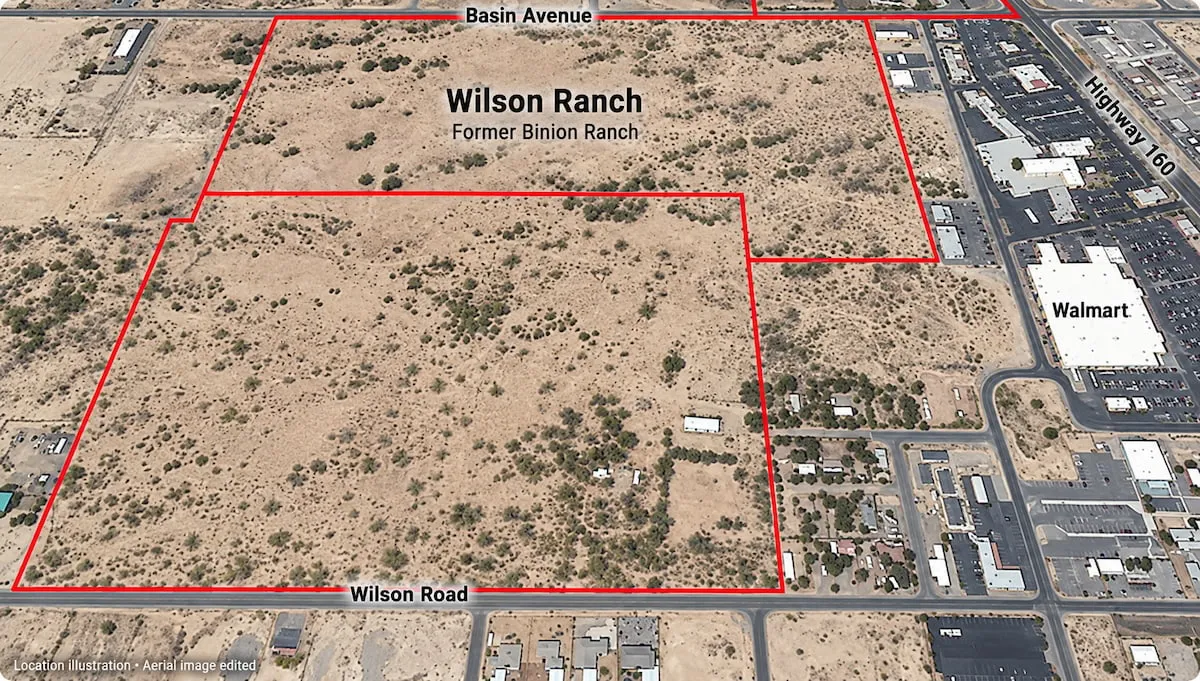 Edited aerial illustration of the Wilson Ranch area in Pahrump, with red outlines and labels for Basin Avenue, Wilson Road, Highway 160, and Walmart.