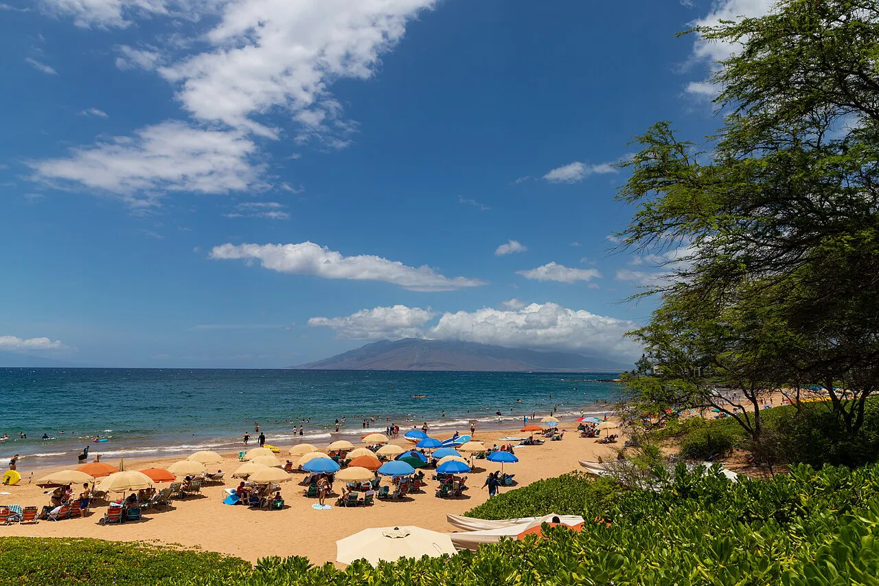 Wailea Beach on Maui's south shore with umbrellas on the sand
