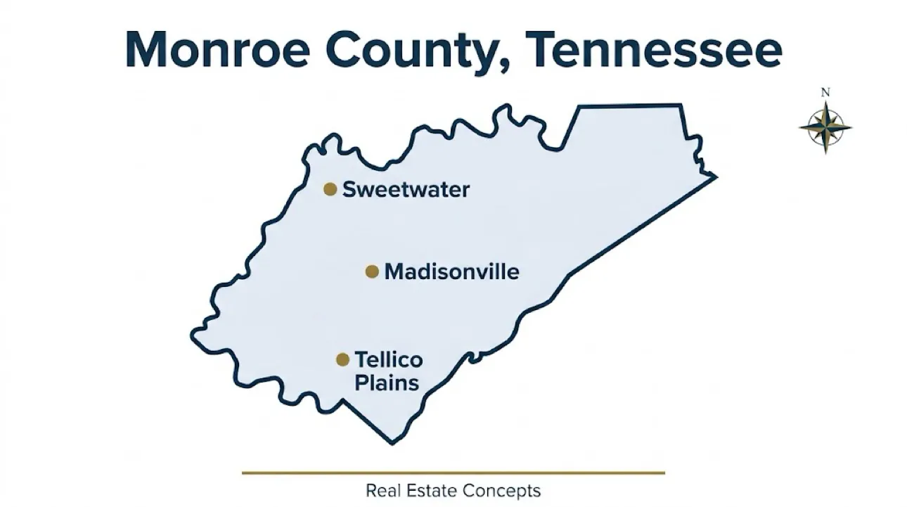 Map of Monroe County, Tennessee showing Sweetwater, Madisonville and Tellico Plains