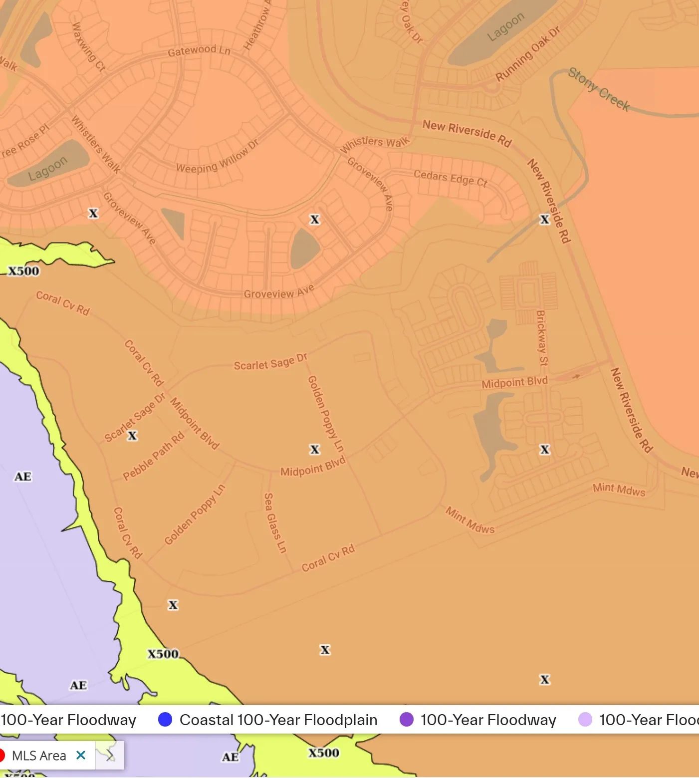 FEMA flood zone map of Midpoint at New Riverside in Bluffton SC as of 9-29-26 showing Zone X with X500 and AE along the western marsh edge