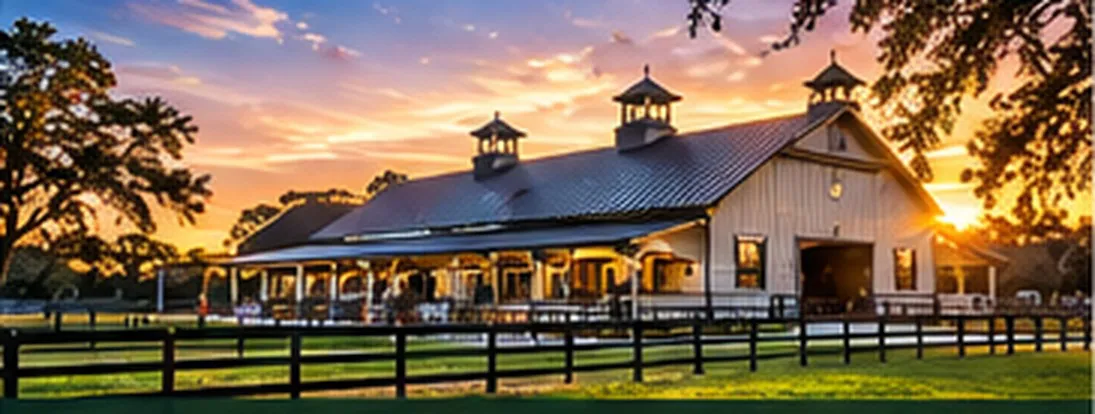 Illustrative equestrian barn and fenced horse pasture