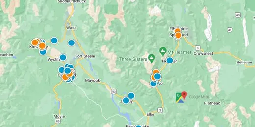 Fernie, Ski Hill, Sparwood, Tie & Rosen Lakes, South Country & Koocanusa Real Estate Map Search