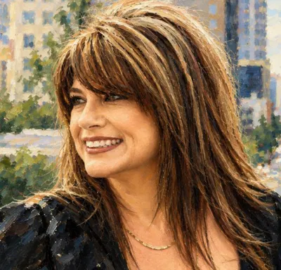 Kelly M. DeCarlucci, REALTOR, impressionist portrait with a city skyline