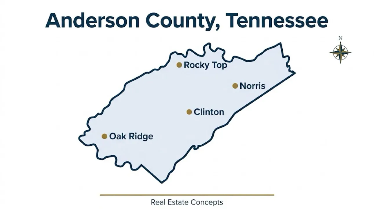 Map of Anderson County, Tennessee showing Oak Ridge, Clinton, Norris and Rocky Top