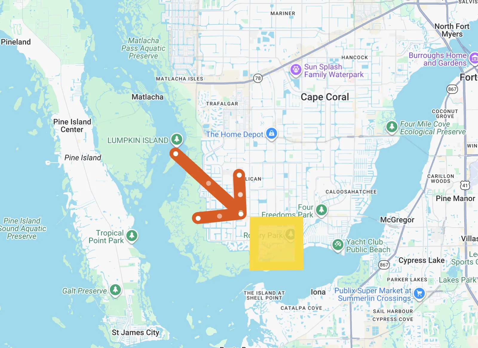 Map of the Eight Lakes area in Cape Coral Florida showing Thunderbird Lake and Britannia Lake