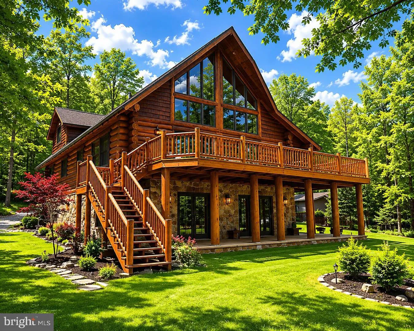 Log chalet surrounded by trees