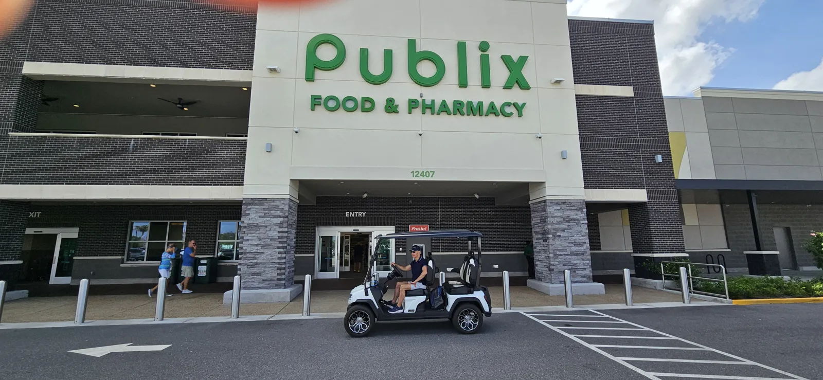 Thom Montrois visiting the Publix at Riverland Town Center, arriving by golf cart via the Riverland Paseo trail in Port St. Lucie