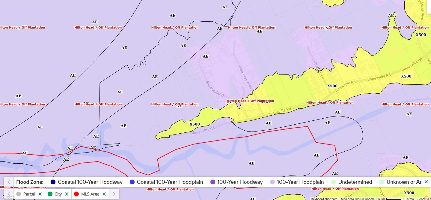 FEMA flood zone map of Shearwater Plantation in Hilton Head Island SC, showing Zone AE and Zone X500 as of August 18, 2026