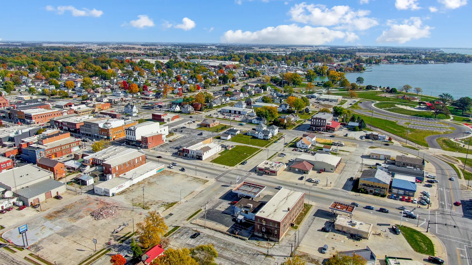 Aerial view of downtown Celina and Grand Lake in Ohio