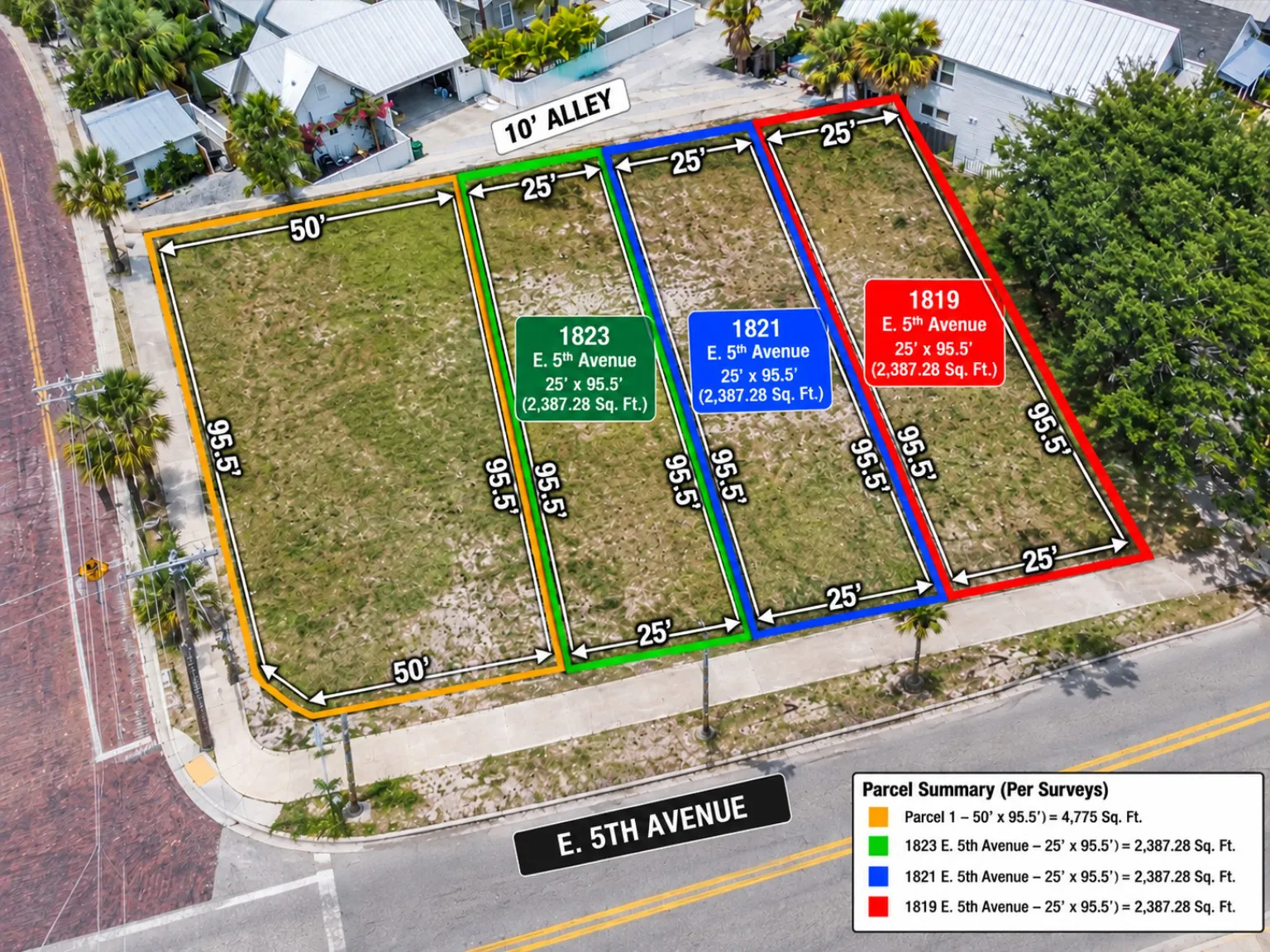 Aerial parcel graphic showing excluded 50-foot corner parcel and three individually offered 25-foot parcels at 1823, 1821 and 1819 E. 5th Avenue