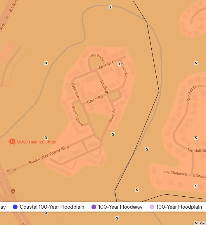 FEMA flood zone map of The Townes at Buckwalter in Bluffton SC showing Zone X as of October 20, 2026